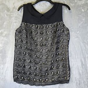 Principles by Ben de Lisi Sleeveless Blouse Top L Black Lace Overlay Collared